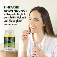 Thumbnail for Person hält zwei Kapseln und ein Glas Wasser, daneben LEAN CPS und Einnahmehinweis zum Frühstück