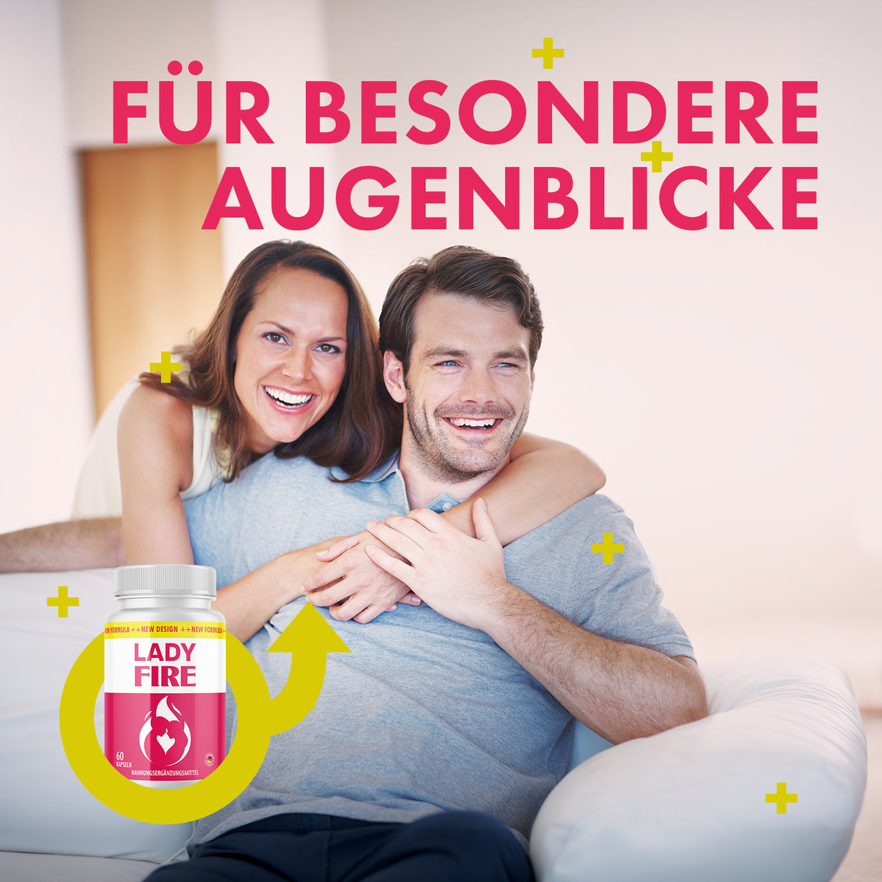 Lady Fire Dose mit 60 Kapseln neben lächelndem Paar auf Sofa und großem pinkem Text oben sichtbar