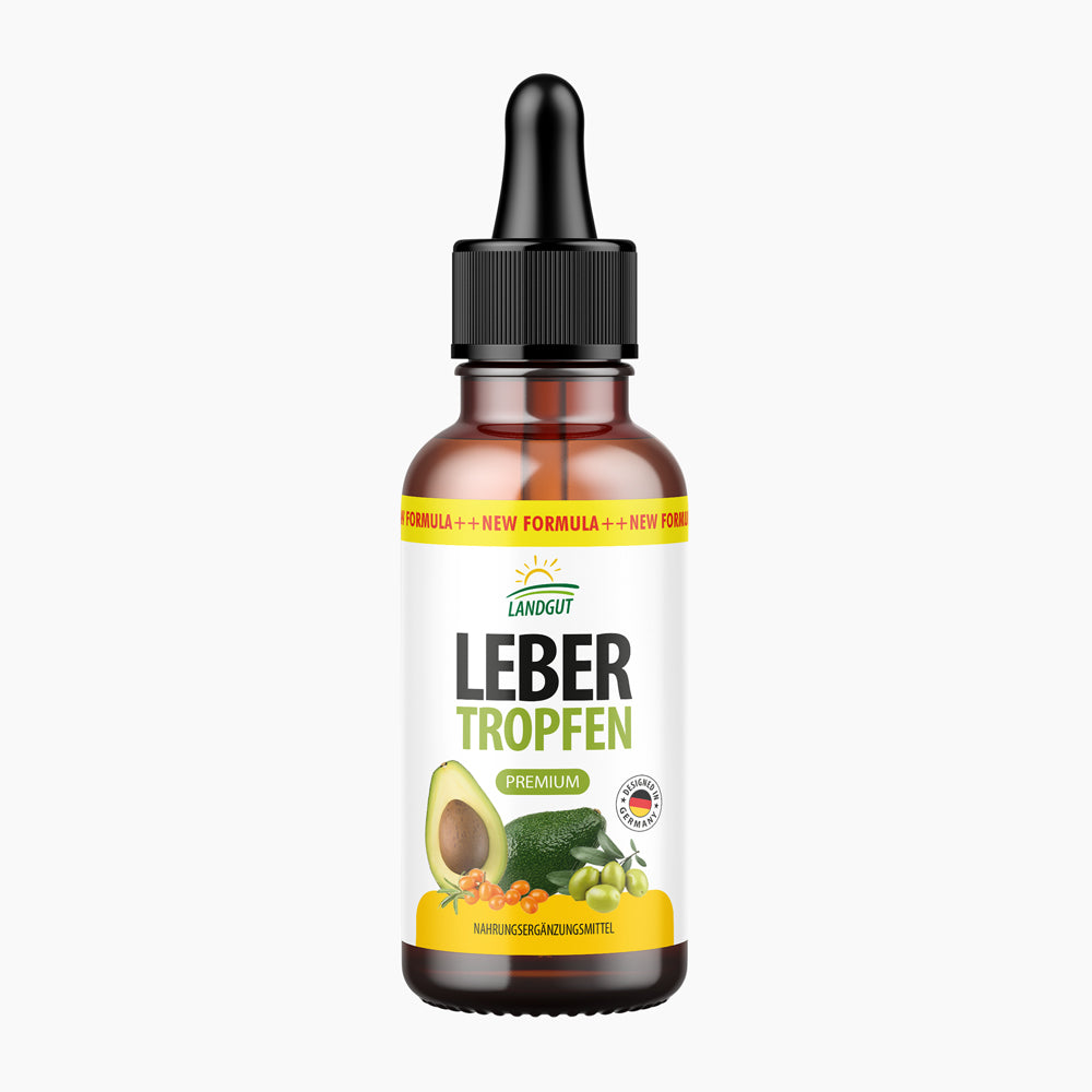 Braune Glasflasche mit Aufdruck LEBER TROPFEN PREMIUM und Avocadoabbildung vorn