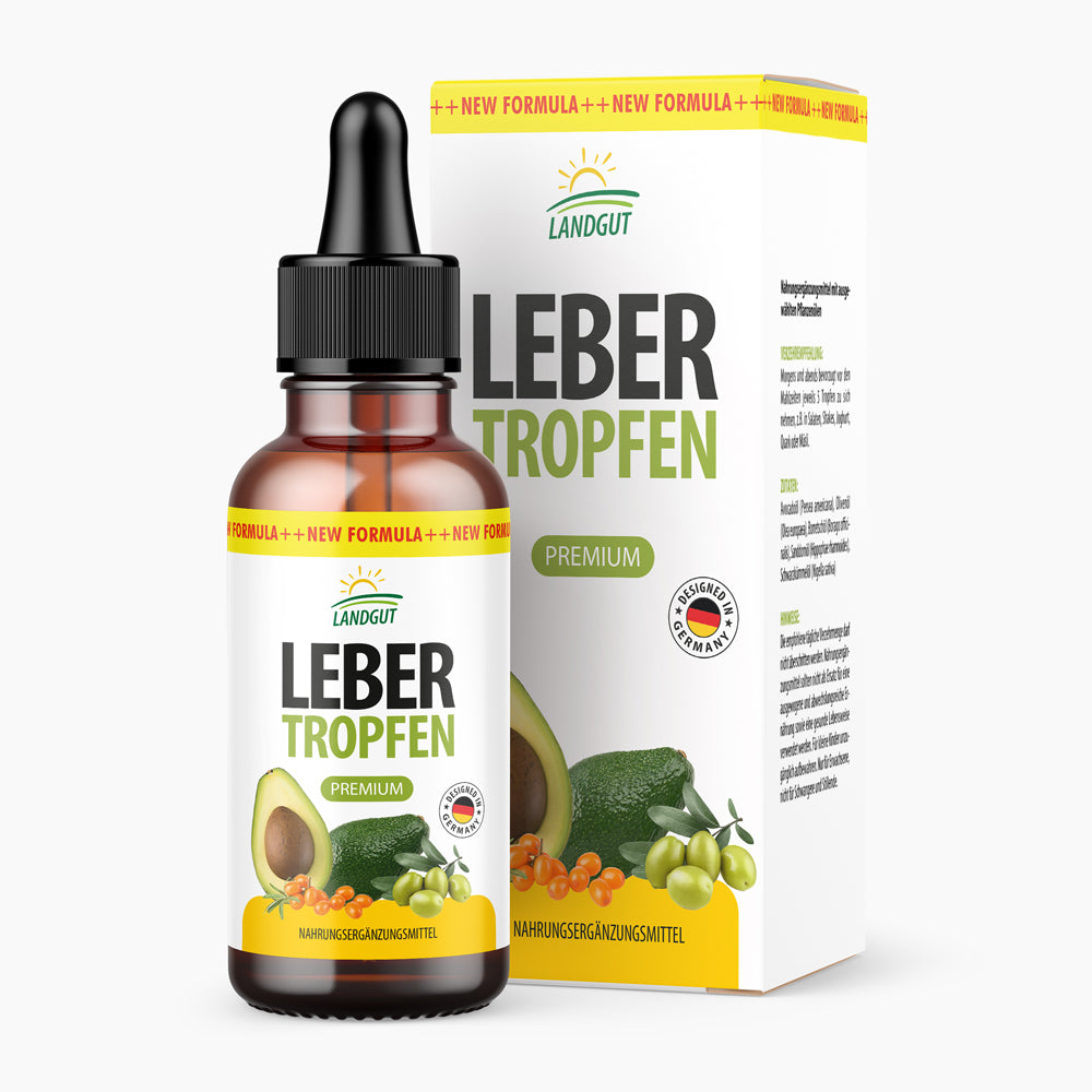 Braune Glasflasche mit Aufdruck LEBER TROPFEN PREMIUM neben Verpackung mit Avocadoabbildung