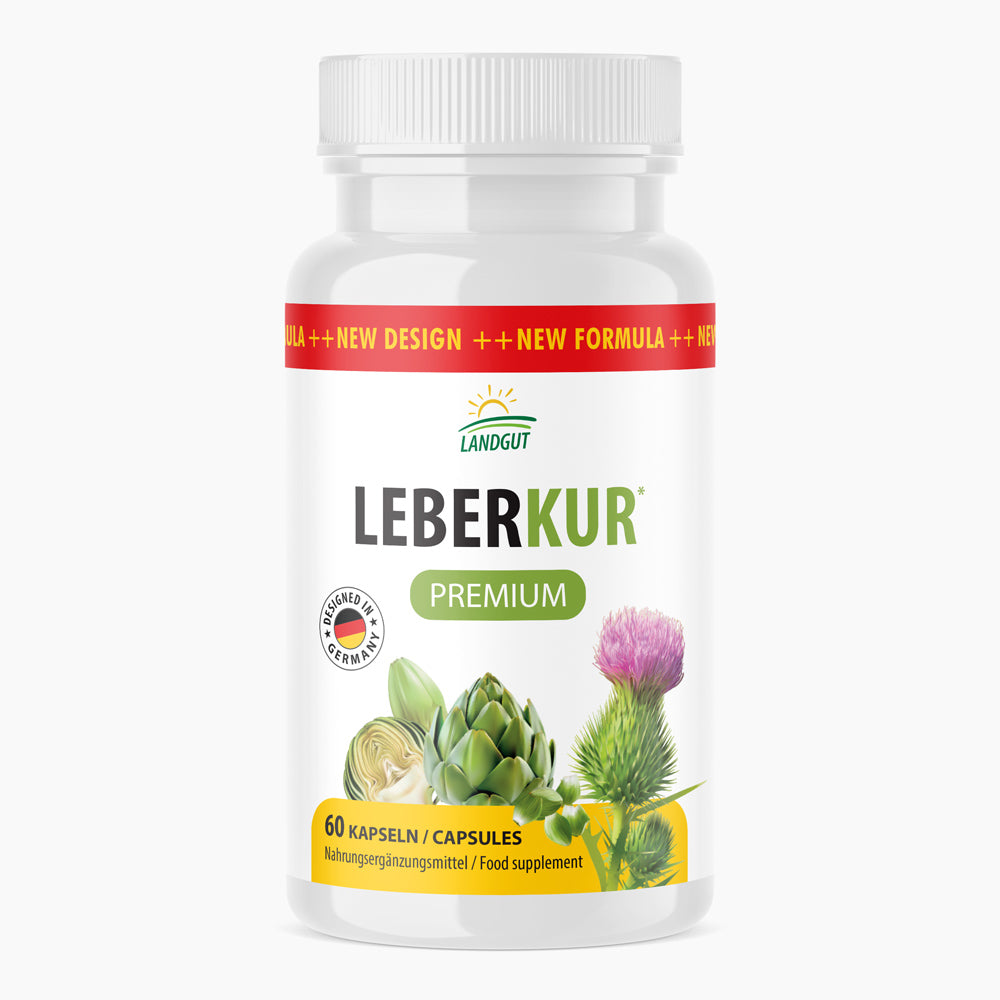 Kunststoffdose mit Schrift Leberkur Premium Landgut, 60 Kapseln und Pflanzenabbildung