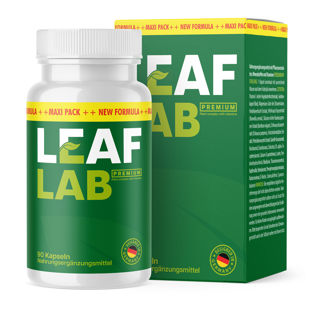 Kunststoffdose mit Schrift Leaf Lab Premium, 90 Kapseln, grünes Etikett vor passender Faltschachtel
