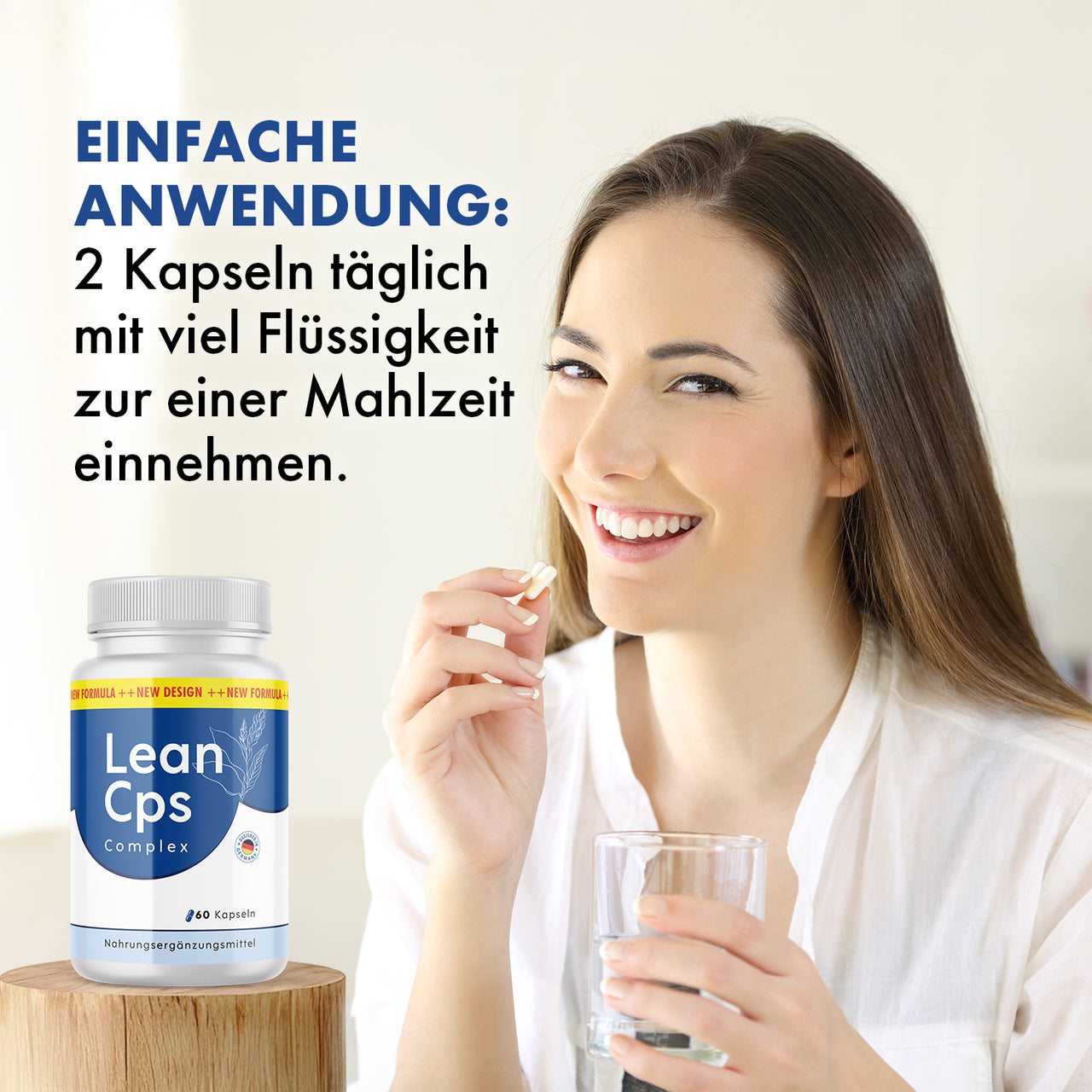 Frau hält Kapseln und ein Glas Wasser neben Lean Cps Complex mit Hinweis zur täglichen Einnahme