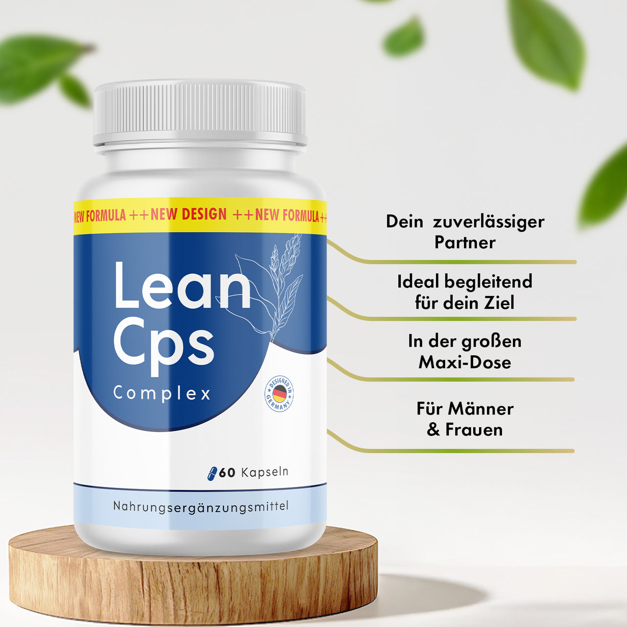 Lean Cps Complex Dose mit 60 Kapseln neben Infopunkten zu Ziel, Maxi-Dose sowie Männern und Frauen