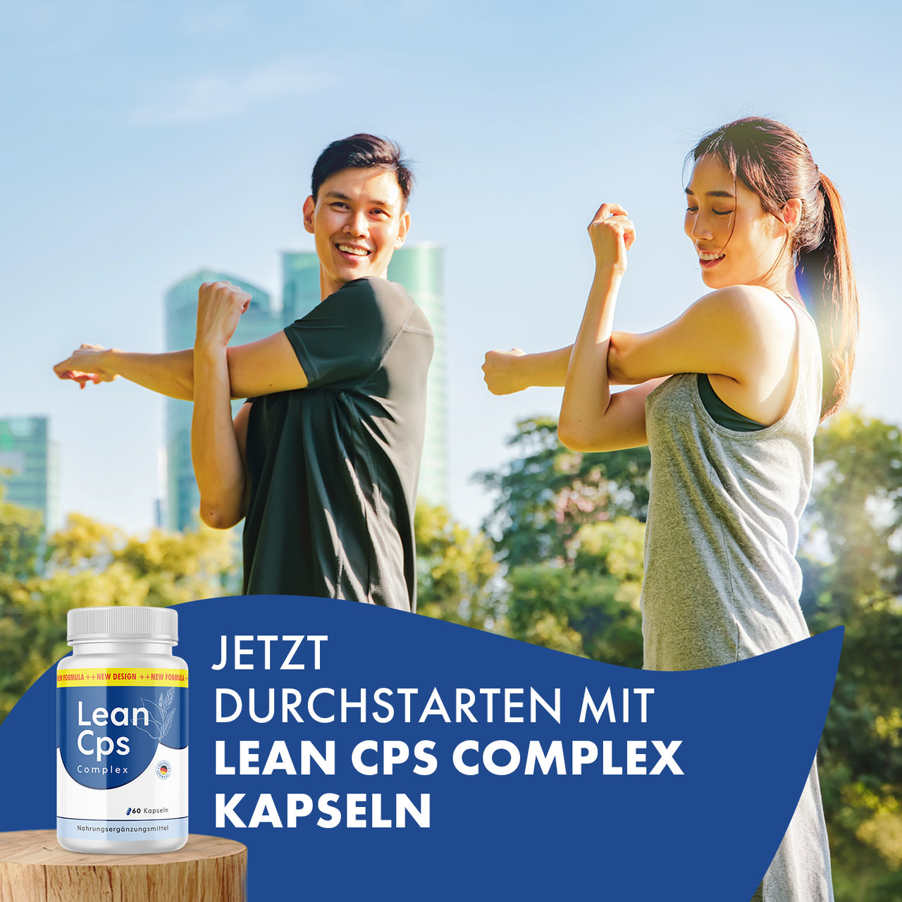 Mann und Frau in Sportkleidung dehnen sich im Freien neben einer Dose Lean Cps Complex Kapseln