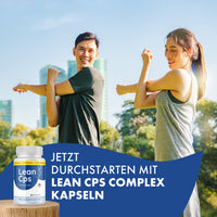 Thumbnail for Mann und Frau in Sportkleidung dehnen sich im Freien neben einer Dose Lean Cps Complex Kapseln