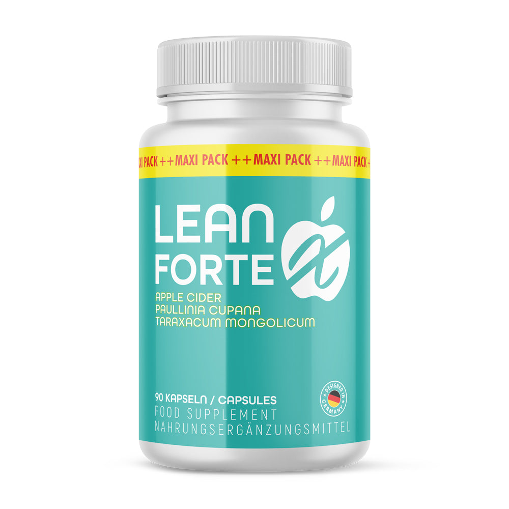 Plastikdose mit Aufdruck LEAN FORTE und stilisiertem Apfelsymbol auf türkisem Etikett mit 90 Kapseln