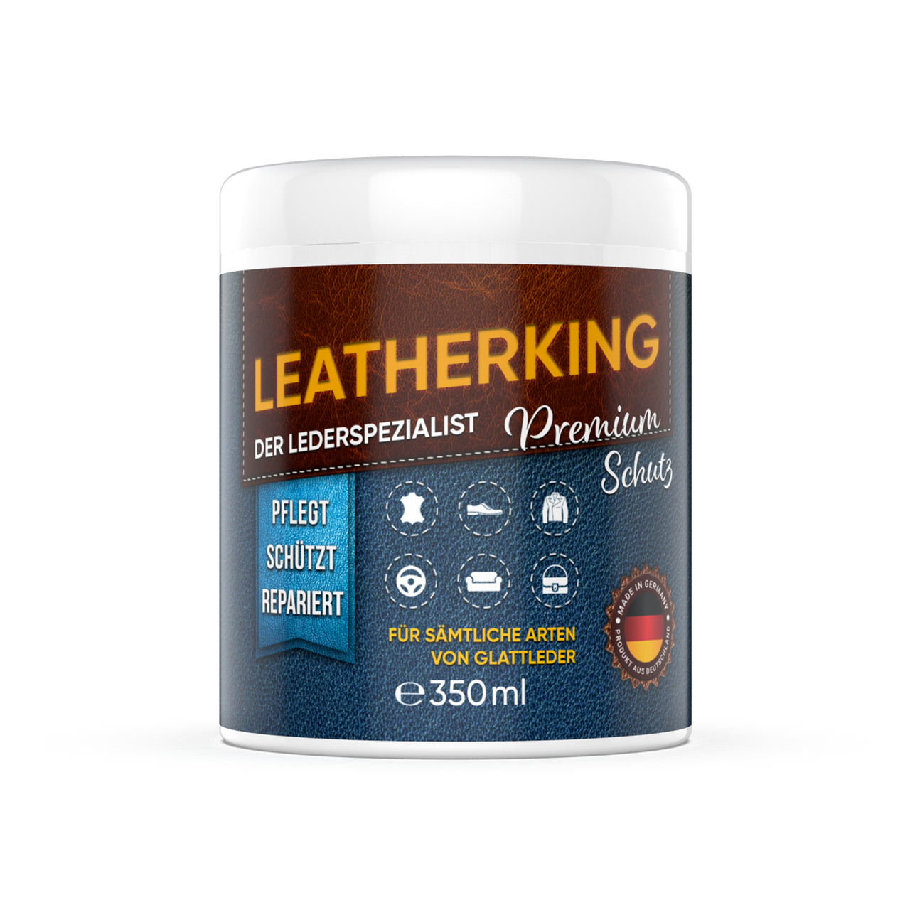 Dose mit Aufschrift Leatherking Premium Schutz, glattes Etikett mit Symbolreihe und Mengenangabe 350 ml