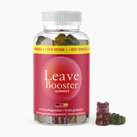 Thumbnail for Dose mit weißem Deckel und Etikett Leave Booster Gummies, 60 Fruchtgummis, rote Verpackung mit Bärchen davor
