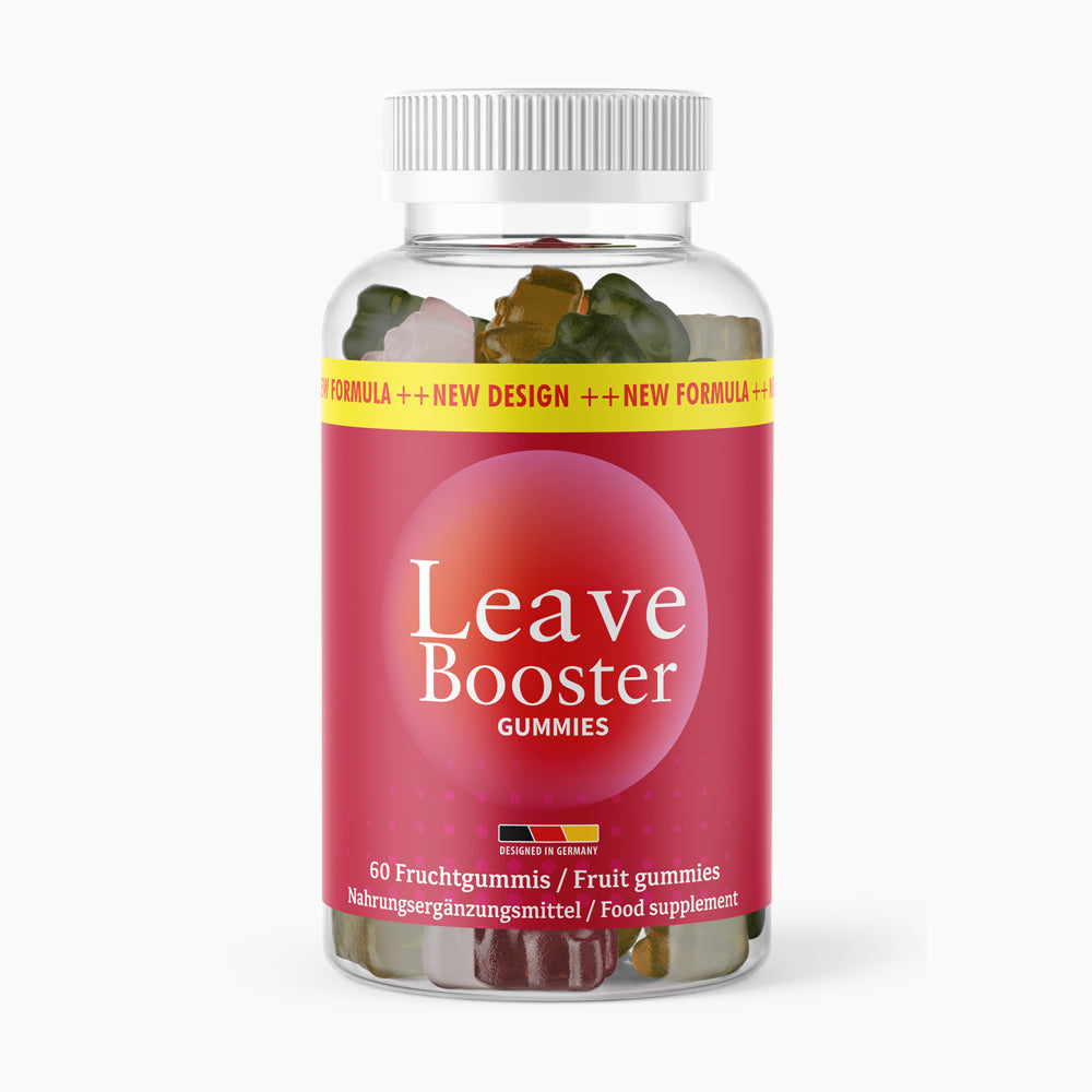 Transparente Kunststoffdose mit Schrift Leave Booster Gummies, 60 Fruchtgummis, rotes Etikett