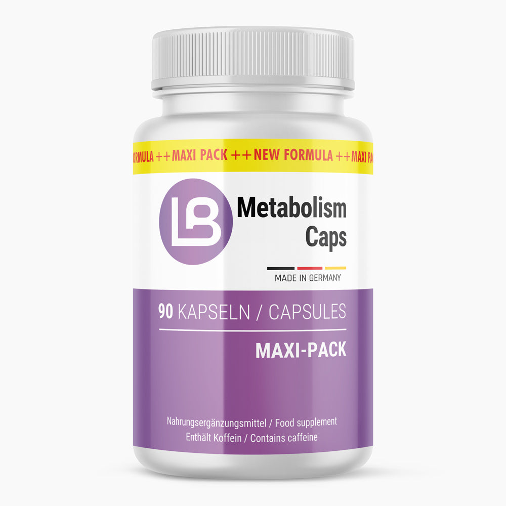 Weiße Kunststoffdose mit violettem Etikett, Aufdruck LB Metabolism Caps, 90 Kapseln
