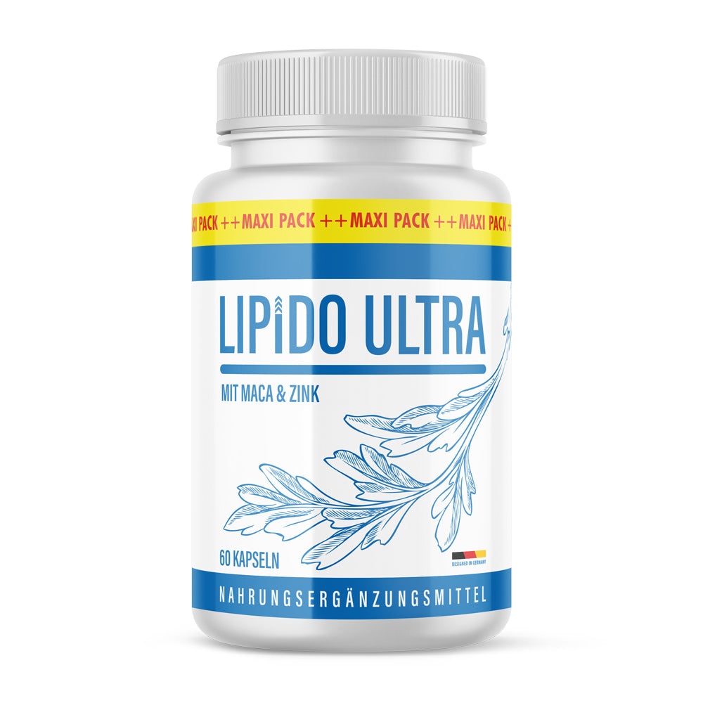 Kunststoffdose mit blauem Etikett Lipido Ultra mit Maca und Zink, 60 Kapseln