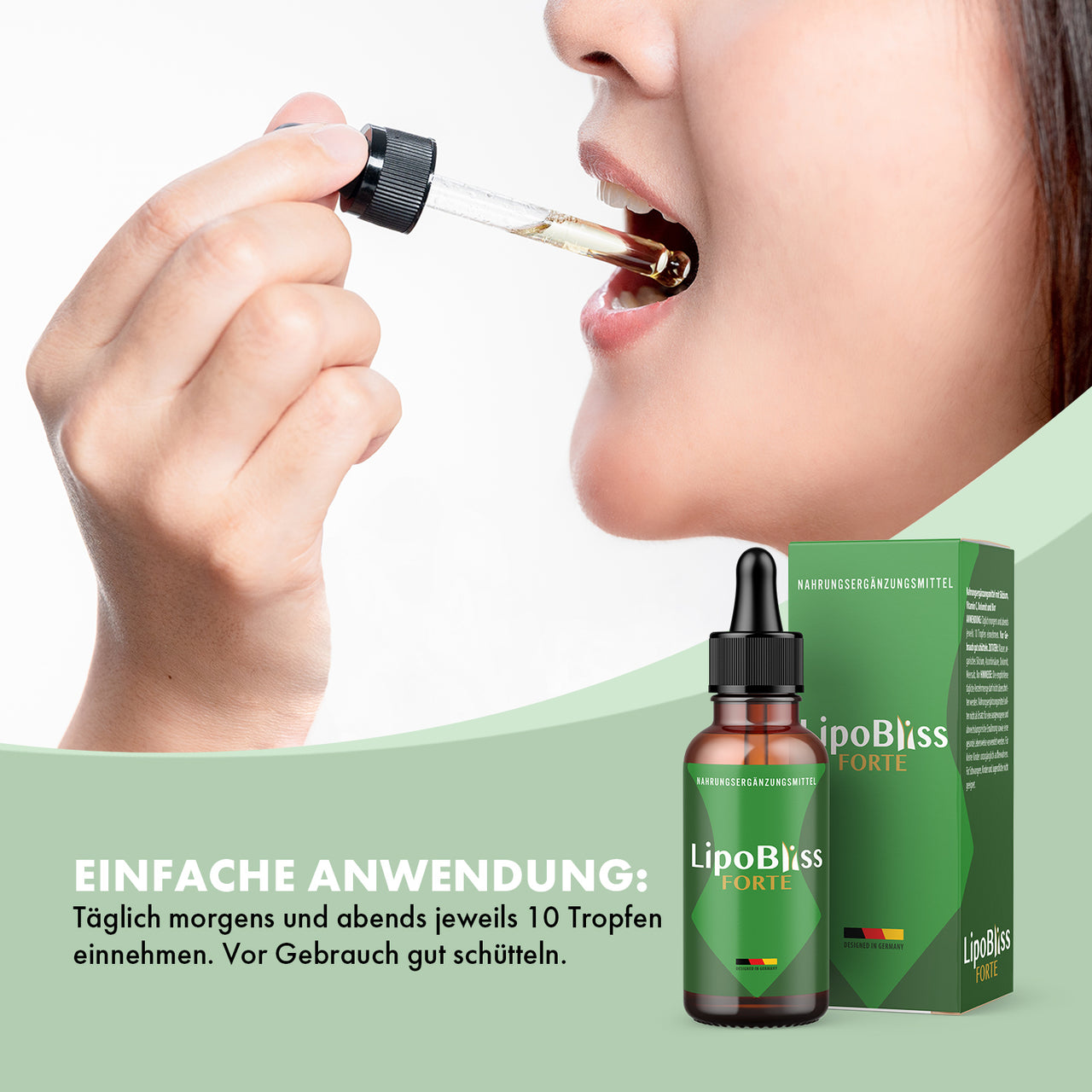 LipoBliss Forte Drops Anwendung mit Pipette am Mund, Flasche, Umkarton und Dosierhinweis