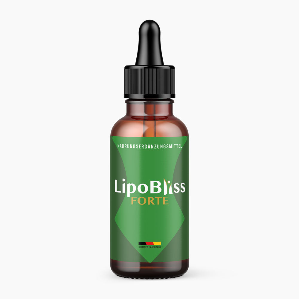 LipoBliss Forte Tropfen in brauner Pipettenflasche mit grünem Etikett und schwarzem Deckel