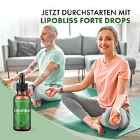 Thumbnail for LipoBliss Forte Drops mit zwei sitzenden Personen auf Yogamatten und Pipettenflasche unten links