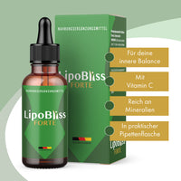 Thumbnail for LipoBliss Forte Pipettenflasche vor grünem Umkarton mit vier Infopunkten zu Vitamin C und Mineralien