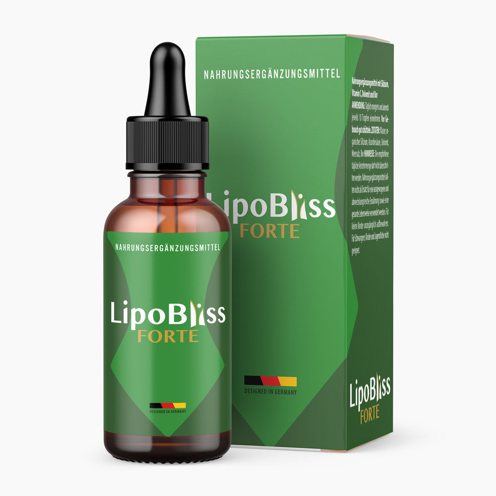Braune LipoBliss Forte Flasche mit Pipette und passender grüner Verpackung