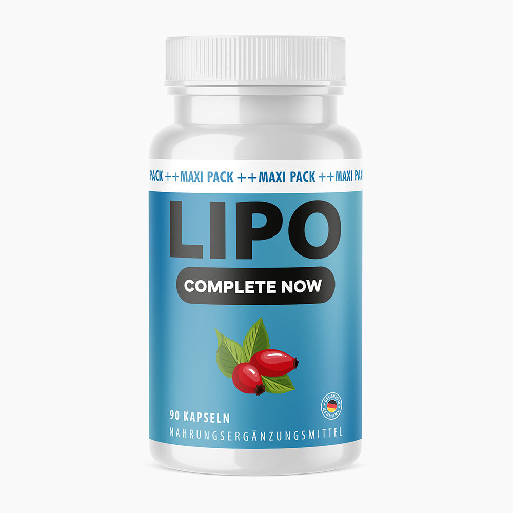 Weiße Dose mit blauem Etikett Lipo Complete Now mit 90 Kapseln und roten Früchten auf dem Etikett
