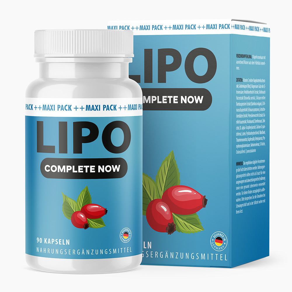 Dose mit Schrift Lipo Complete Now und 90 Kapseln vor passender Faltschachtel mit roten Früchten