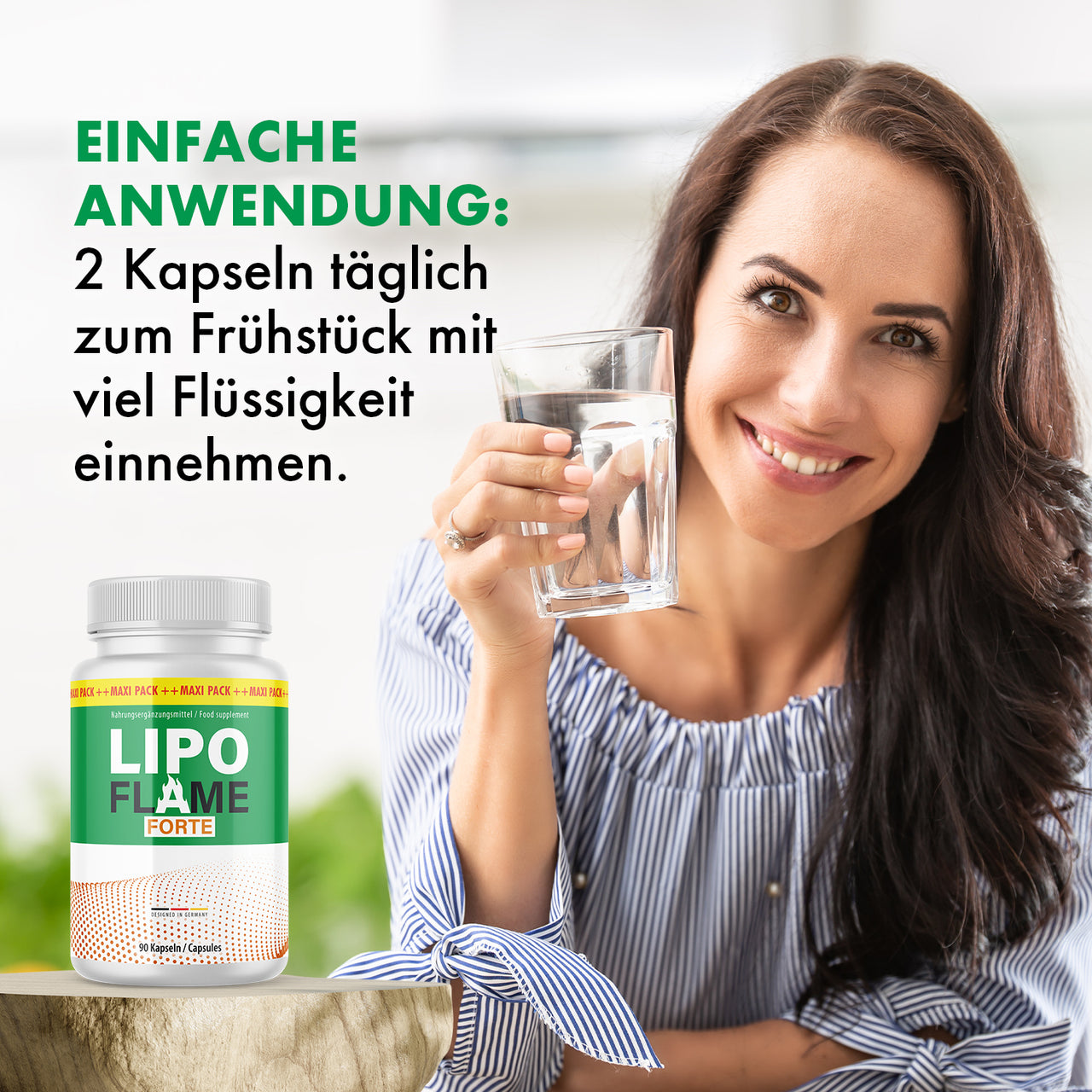 Anwendungshinweis für Lipo Flame Forte: zwei Kapseln täglich zum Frühstück mit viel Flüssigkeit