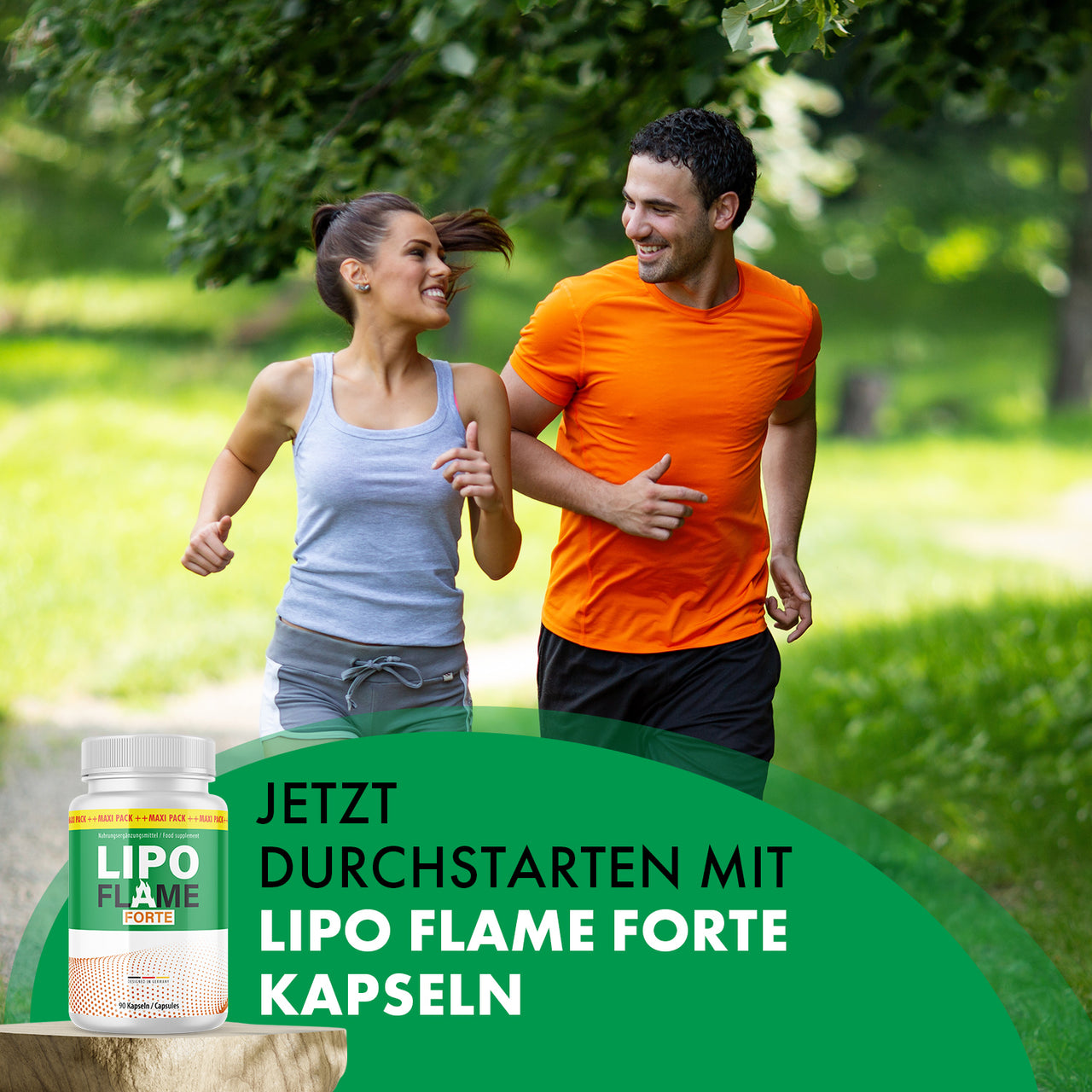 Zwei Personen joggen im Park; darunter Lipo Flame Forte mit dem Werbespruch "Jetzt durchstarten"