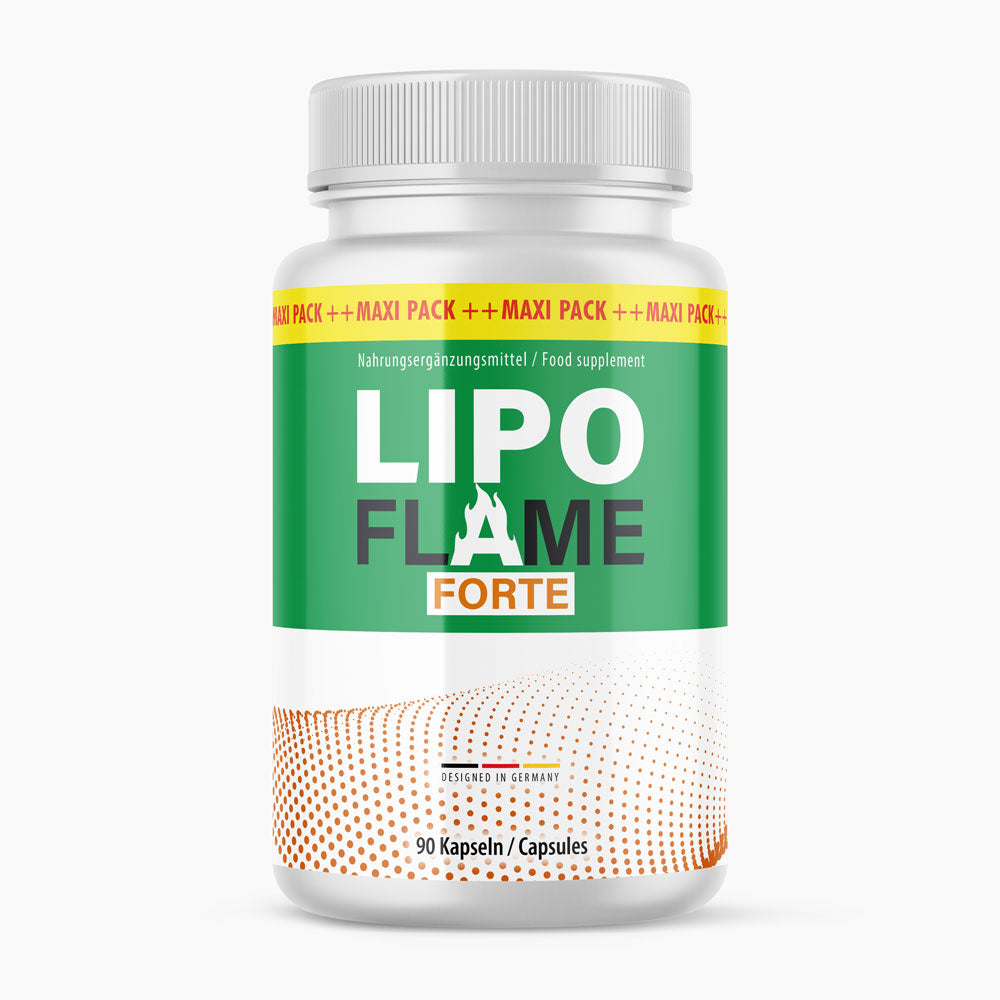 Weiße Dose Lipo Flame Forte Nahrungsergänzungsmittel mit grünem Etikett und insgesamt 90 Kapseln