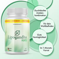 Thumbnail for Dose Lipogandha Forte mit grünem Etikett und Infokreisen zu Zutaten, Wohlbefinden und Vorrat