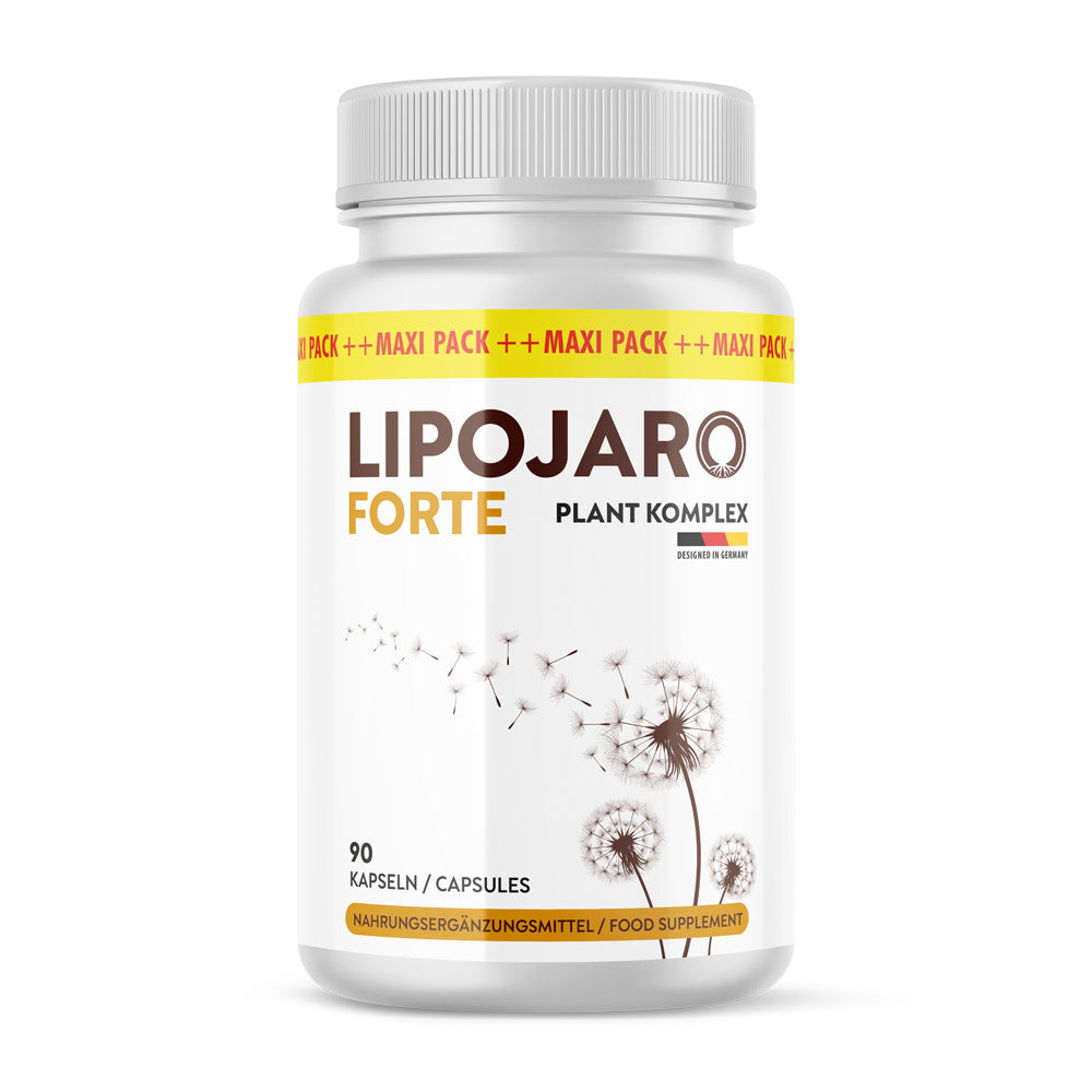 Weiße Kunststoffdose mit grauem Deckel und Schrift Lipojaro Forte Plant Komplex 90 Kapseln mit Pusteblumenabbildung