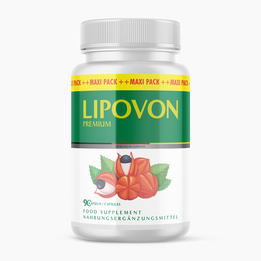 Weiße Kunststoffdose mit grün-gelbem Etikett Lipovon Premium, 90 Kapseln, Abbildung roter Früchte