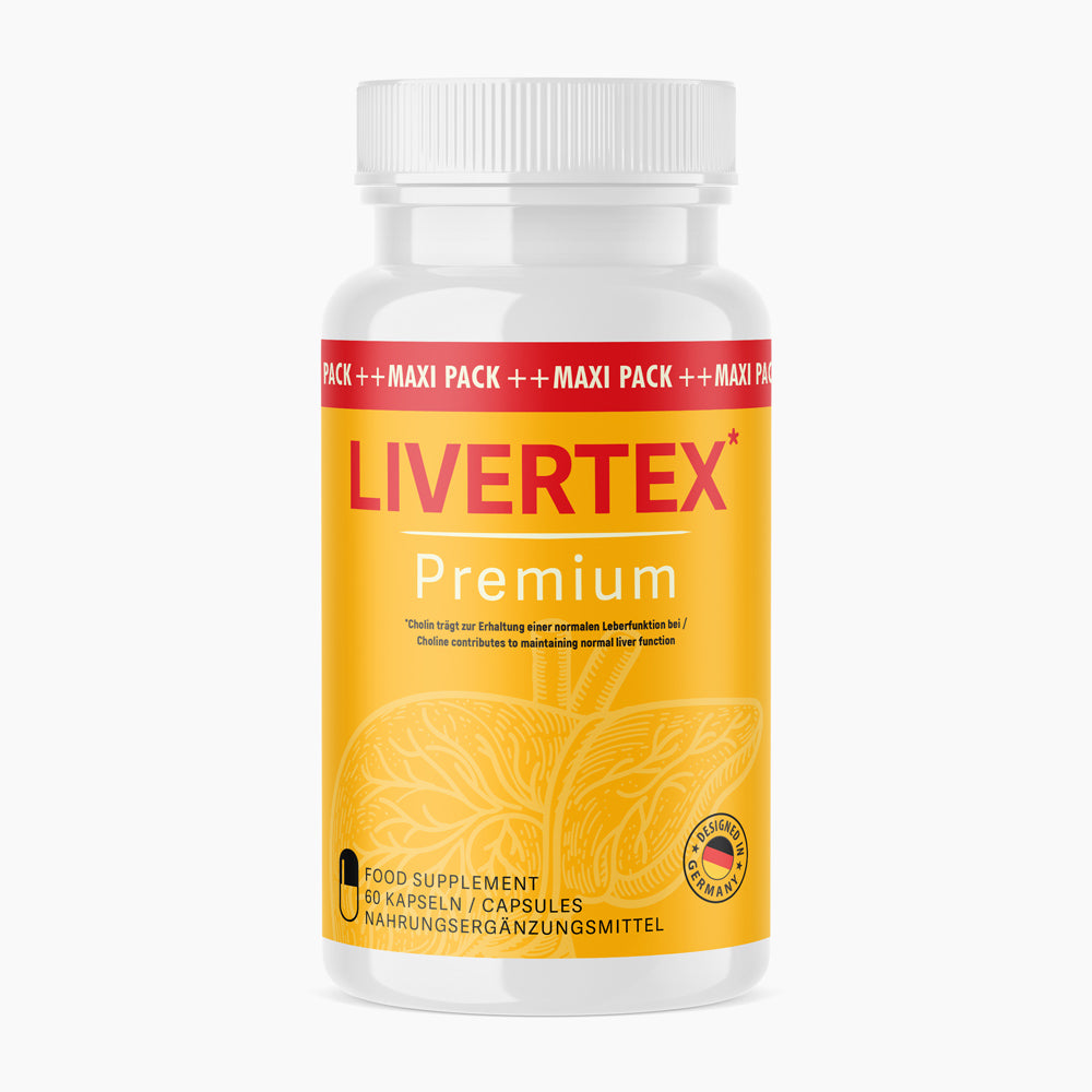 Kunststoffdose mit rotem Schriftzug LIVERTEX Premium, 60 Kapseln, grafisches Leberbild auf Etikett
