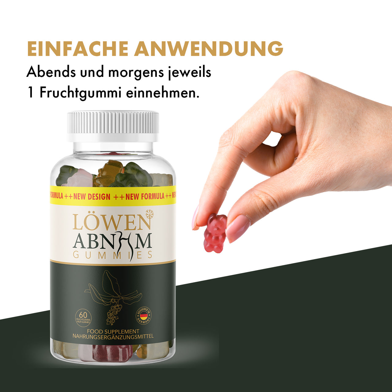 Löwen ABNHM Gummies mit Anwendungshinweis: morgens und abends jeweils 1 Fruchtgummi einnehmen