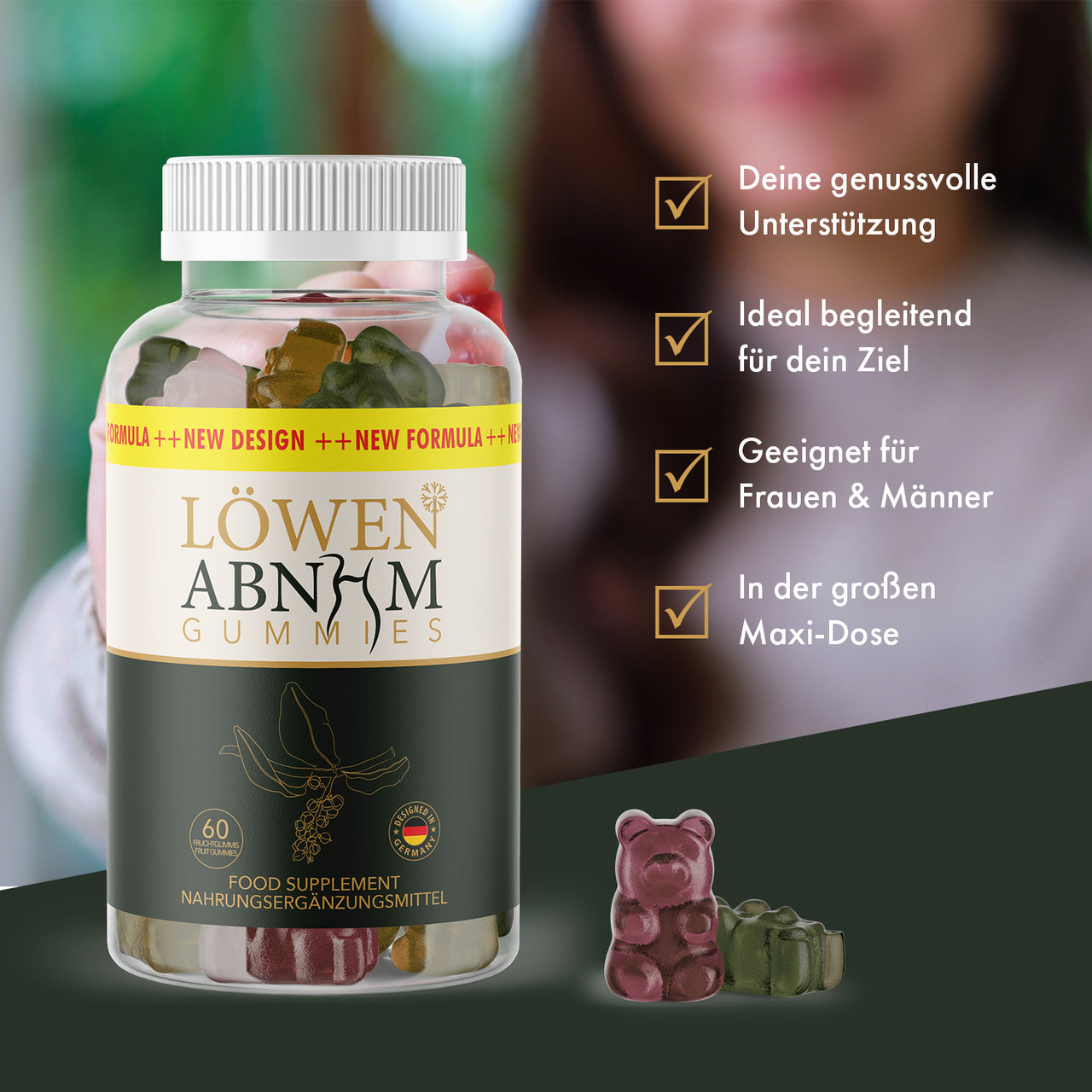 Löwen ABNHM Gummies; sichtbare Werbeaussagen: „Maxi-Dose“ und „geeignet für Frauen & Männer“ 