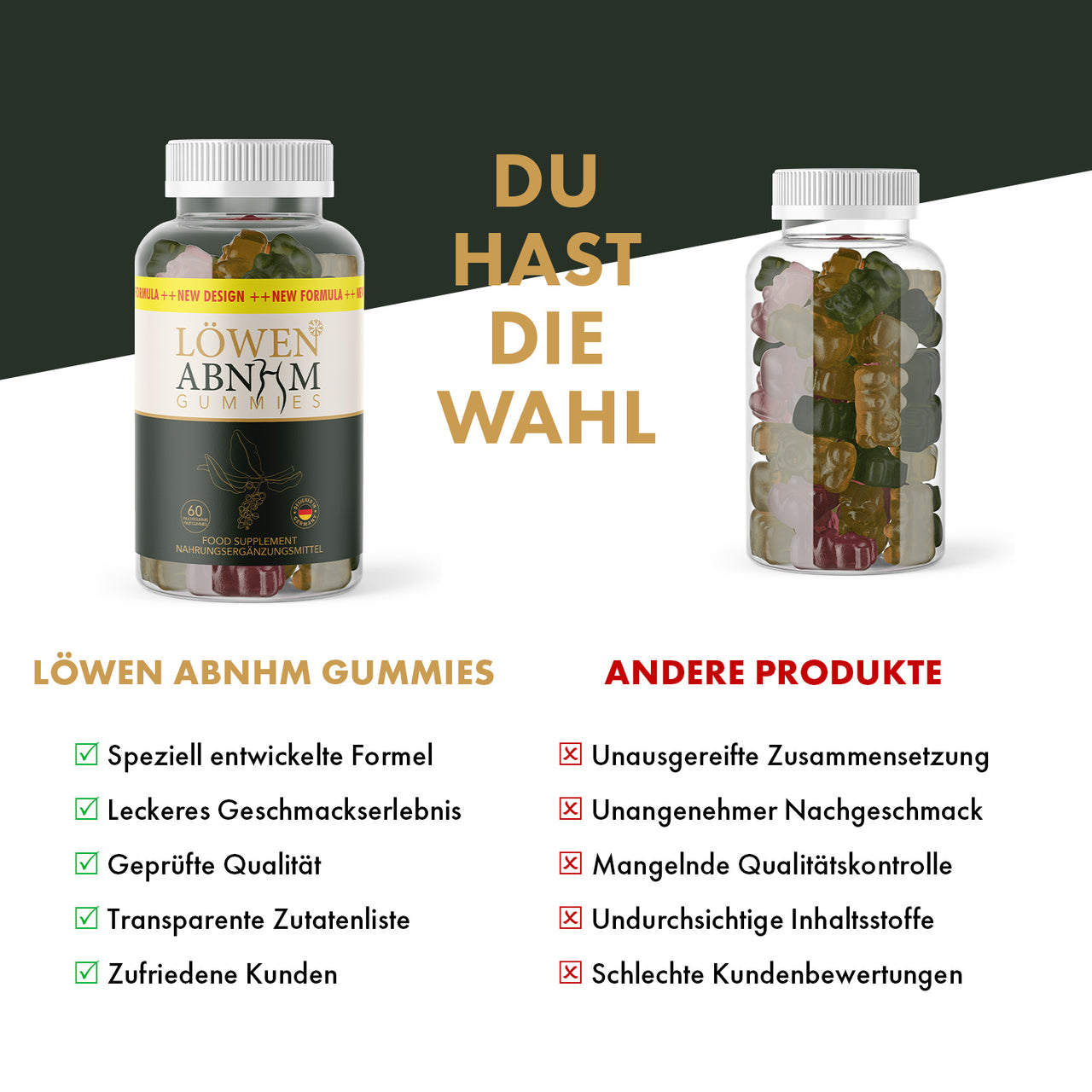 Werbegrafik vergleicht Löwen ABNHM Gummies mit anderen Produkten und hebt eigene Vorteile hervor 