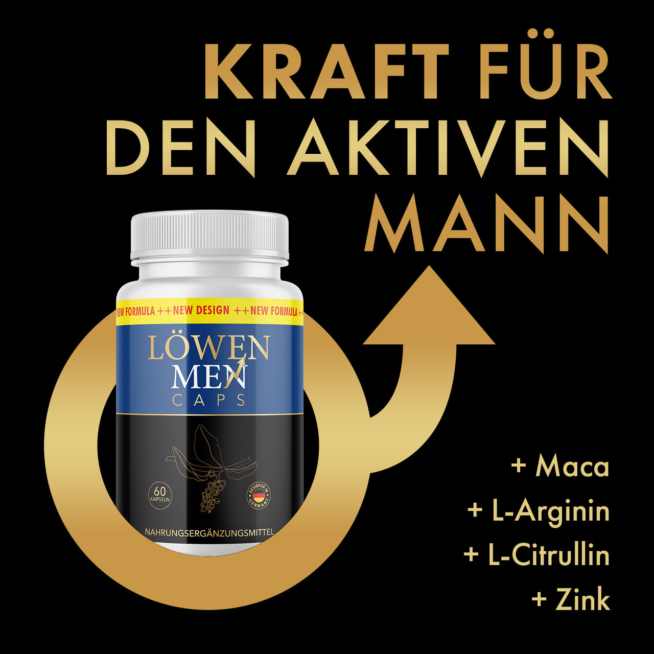 Löwen Men Caps Dose mit Schriftzug „Kraft für den aktiven Mann“ sowie Maca, L-Arginin und Zink