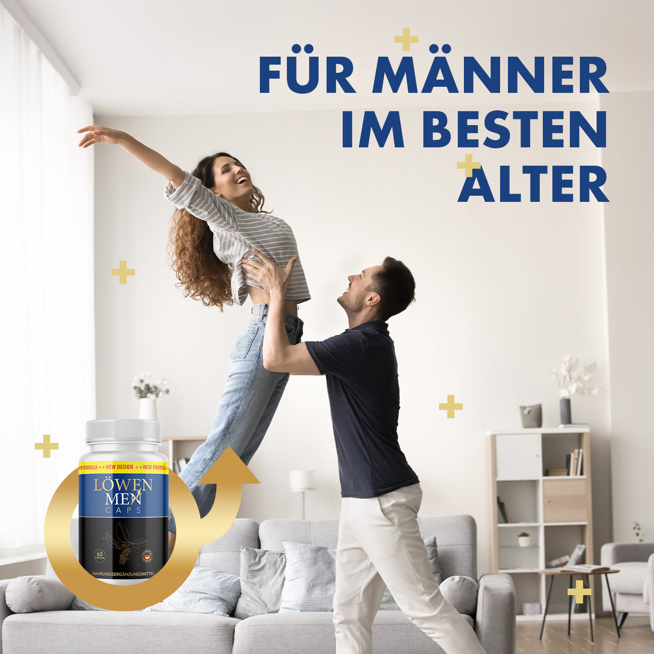 Mann hebt eine Frau hoch, daneben Löwen Men Caps und der Schriftzug „Für Männer im besten Alter“