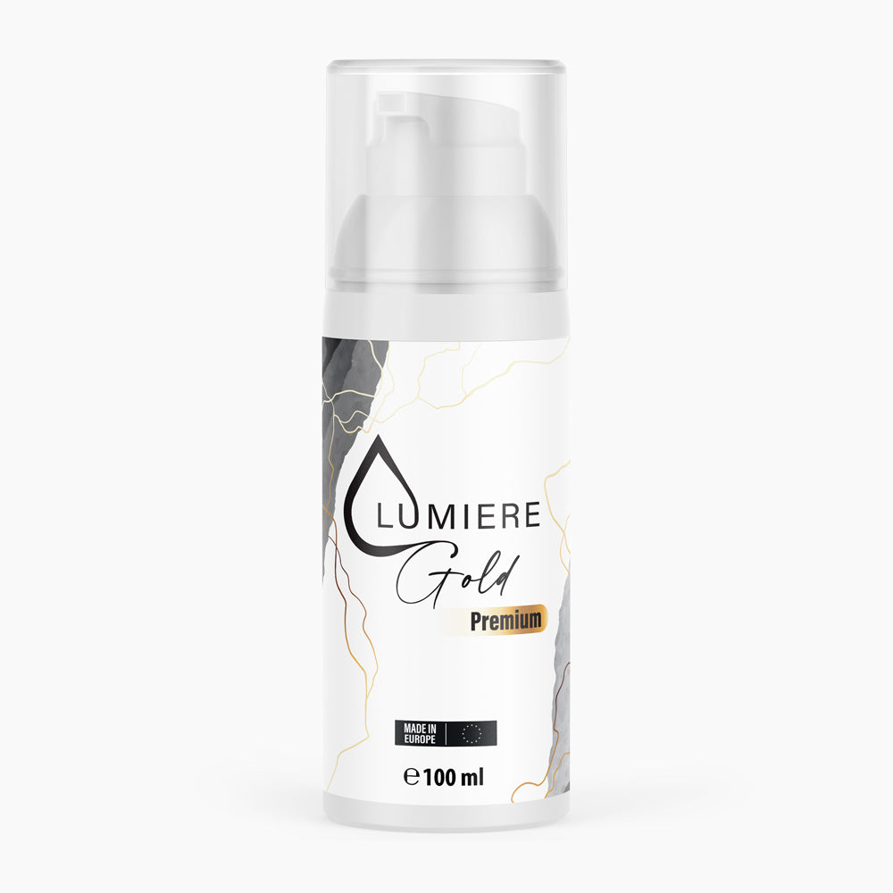 Weiße Spenderflasche mit Schrift LUMIERE Gold Premium und 100 ml Inhalt