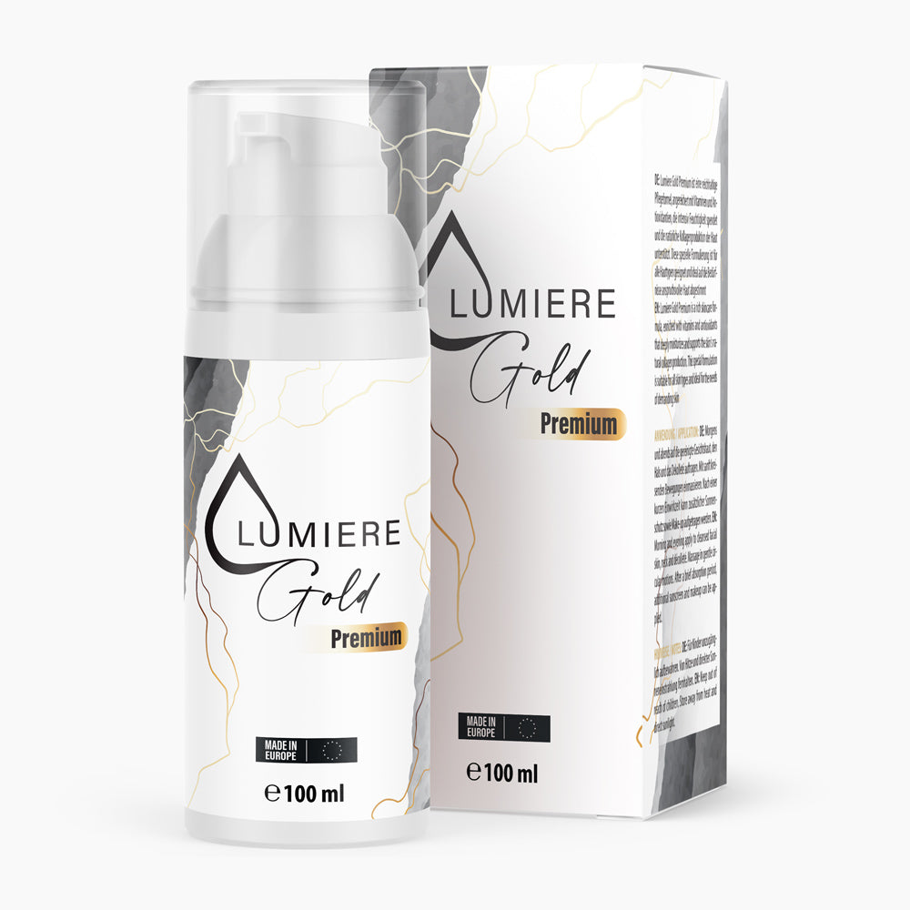 Spenderflasche mit schwarzem Schriftzug LUMIERE Gold Premium vor zugehöriger Kartonverpackung, 100 ml
