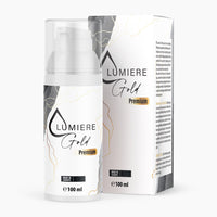 Thumbnail for Spenderflasche mit schwarzem Schriftzug LUMIERE Gold Premium vor zugehöriger Kartonverpackung, 100 ml