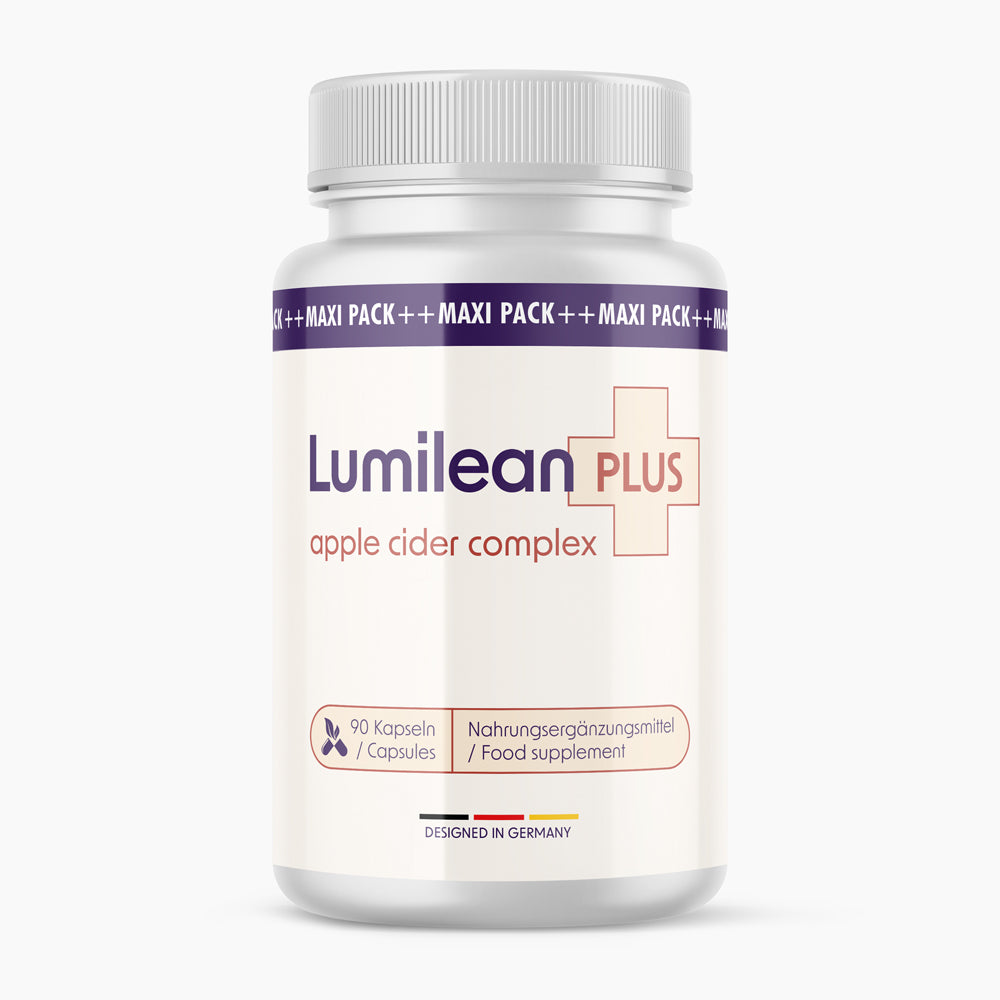 Weiße Kunststoffdose mit violettem Etikett, Aufdruck Lumilean PLUS apple cider complex, 90 Kapseln