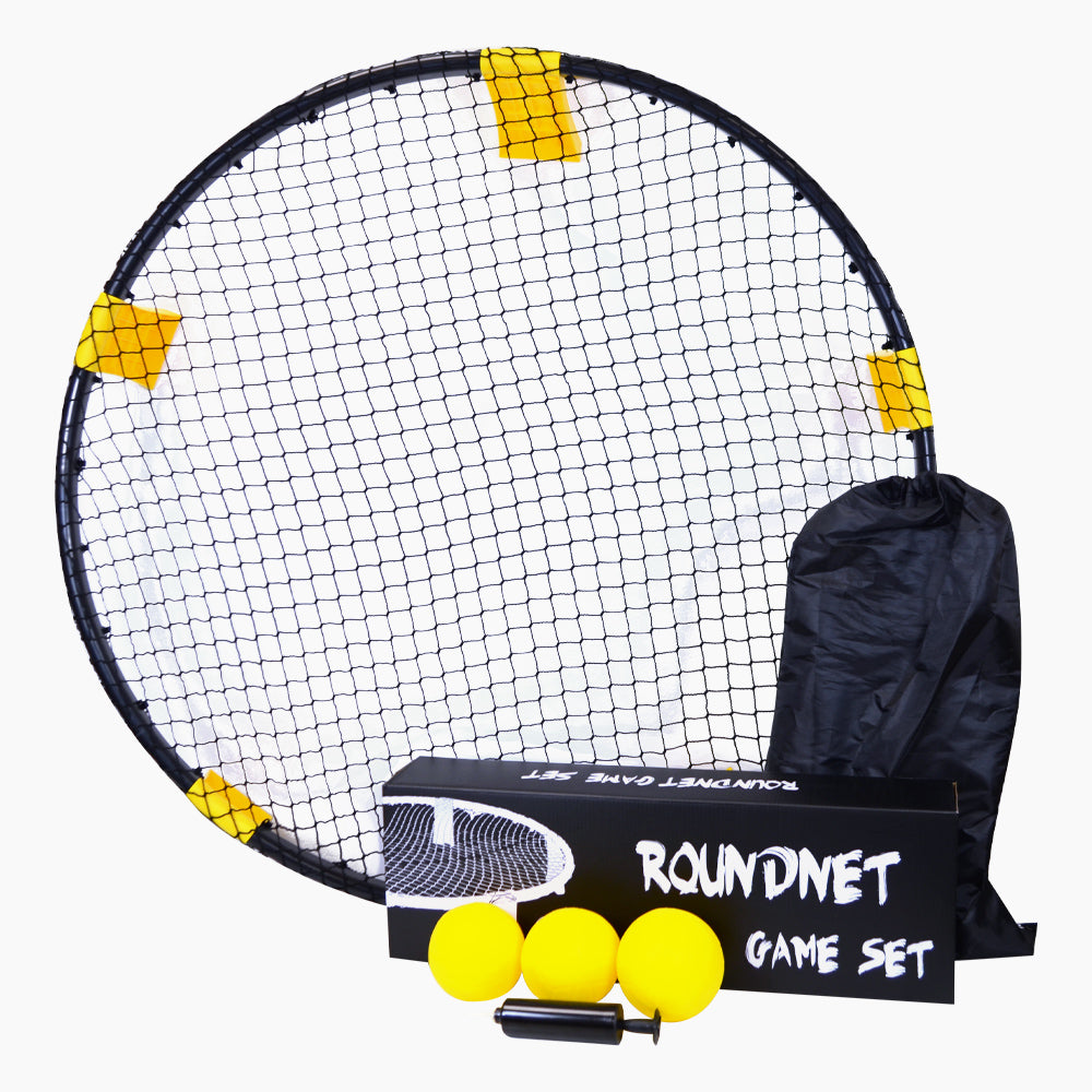 Roundnet-Spielset mit Netz, drei Bällen, Luftpumpe, schwarzer Transporttasche und weiß beschrifteter Box