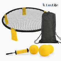 Thumbnail for Rundes Sportnetz mit gelben Elementen, daneben drei Bälle, gelb-schwarze Pumpe und schwarze Tasche