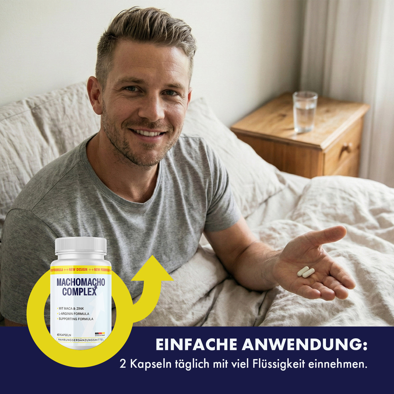 Mann im Bett mit zwei Kapseln in der Hand, Hinweis tägliche Einnahme