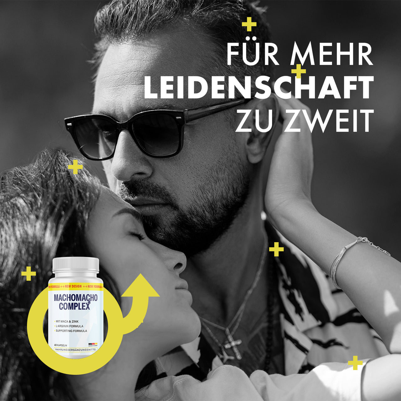 Paar in Umarmung, MachoMacho Complex Dose und Text im Bild