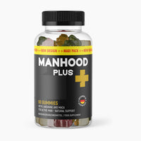 Thumbnail for Kunststoffdose mit schwarzem Etikett Manhood Plus und sichtbaren Fruchtgummis, 60 Gummies
