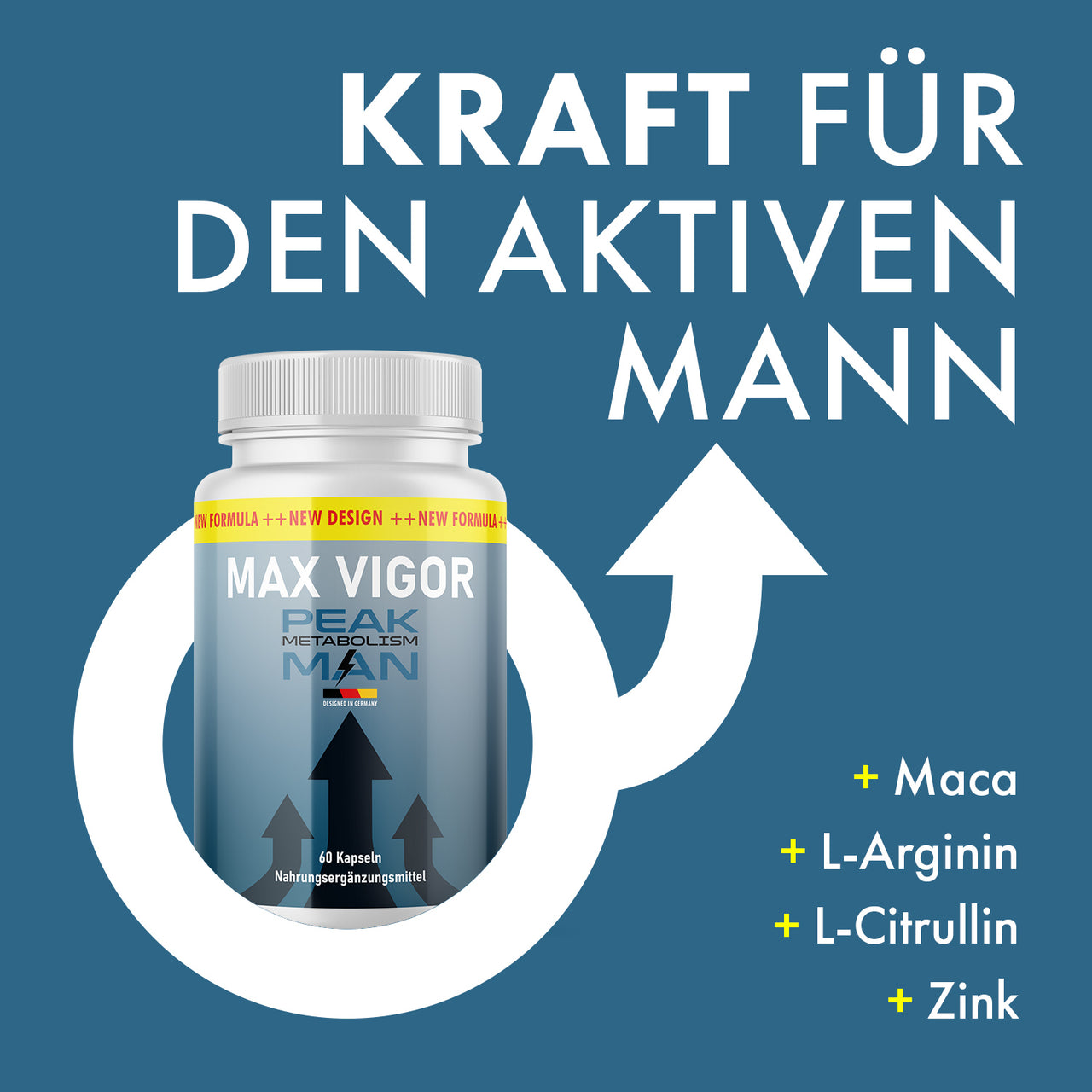 Werbegrafik mit Dose Max Vigor, Pfeilsymbol, Slogan für aktiven Mann sowie Inhaltsstoffen rechts