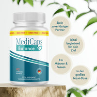 Thumbnail for Weiße Dose MediCaps Balance mit blauem Etikett, Maxi-Pack-Band und Angabe von 90 Kapseln sichtbar