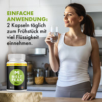 Thumbnail for Frau mit Wasserglas neben Meltpeak Plus; Einnahmehinweis: 2 Kapseln täglich zum Frühstück