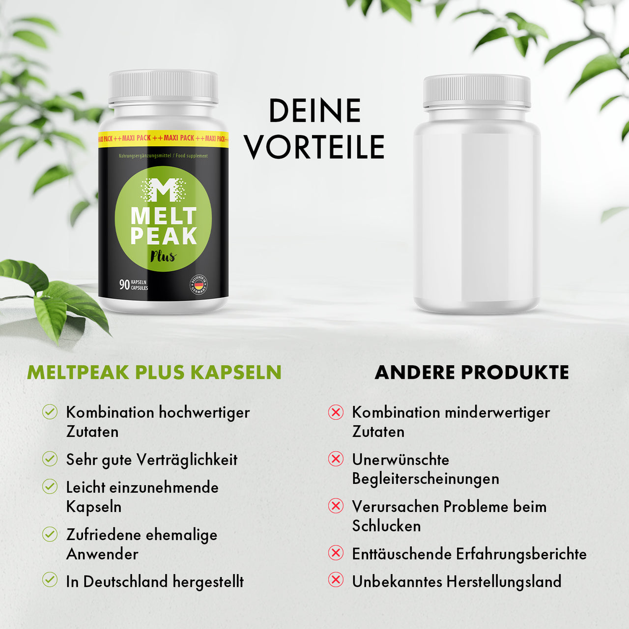 Meltpeak Plus Kapseln werden mit beworbenen Vorteilen anderen Produkten gegenübergestellt