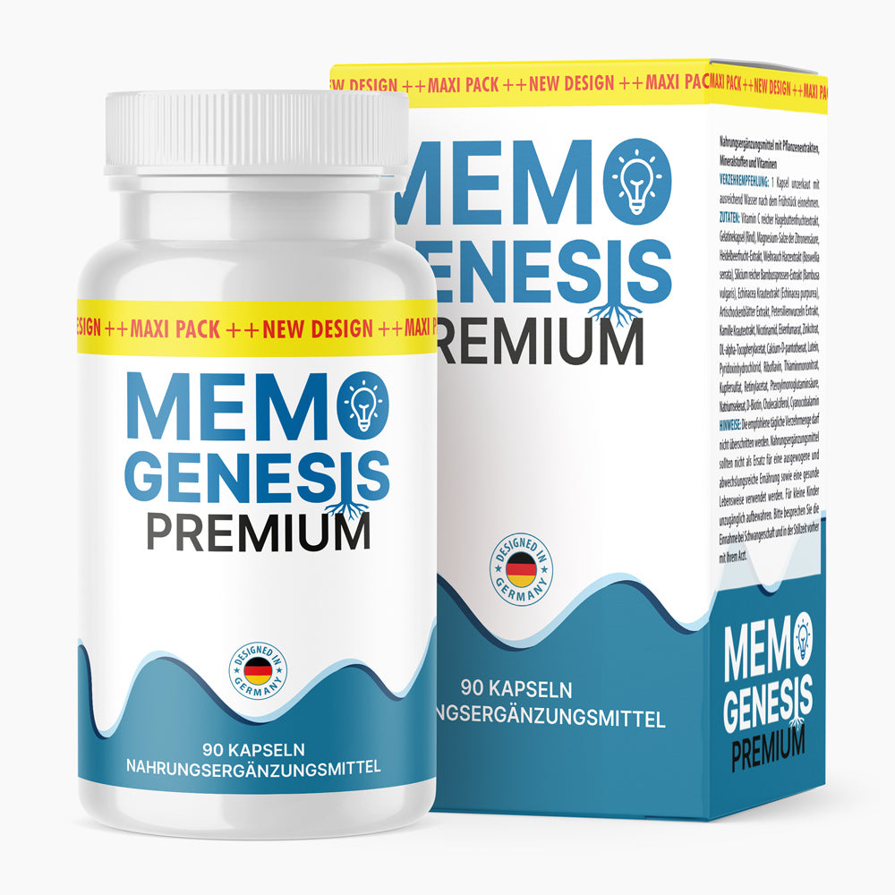 Memo Genesis Premium Nahrungsergänzungsmittel mit 90 Kapseln vor passender Faltschachtel