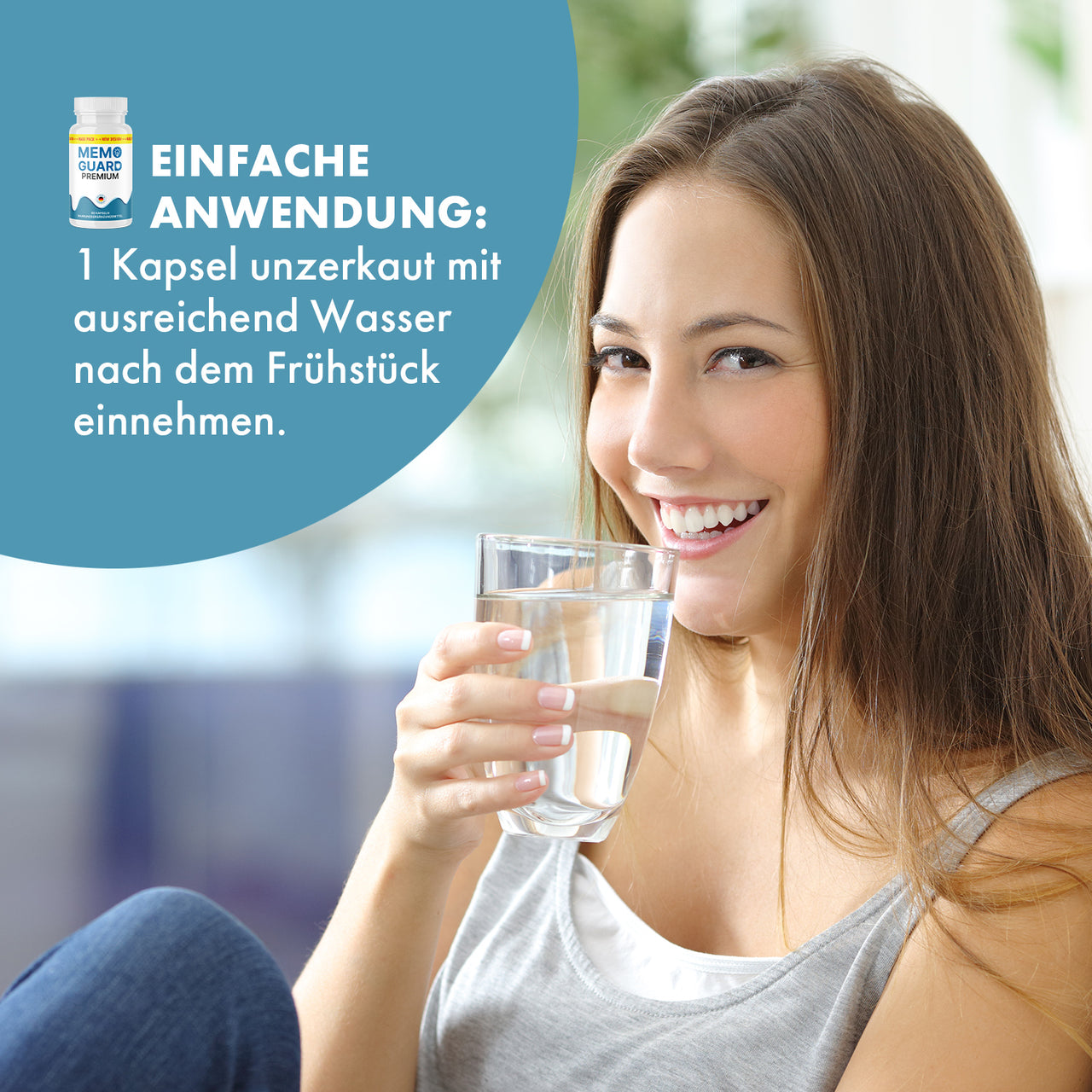 Memo Guard Premium Anwendungsgrafik mit Frau, Wasserglas und Hinweis 1 Kapsel